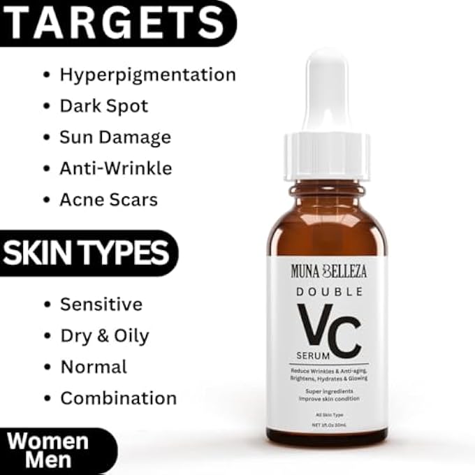 Muna Belleza DOUBLE VITAMIN C SERUM FOR FACE, WITH HYALURONIC ACID, COLLAGEN, ANTI-AGING, BRIGHTENING, MOISTURIZING, REDUCES WRINKLES, FOR ALL SKIN TYPES, MEN & WOMEN, 30ML - Image 4